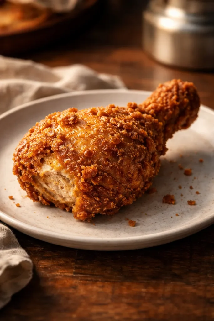 Crispy fried chicken piece on plate
