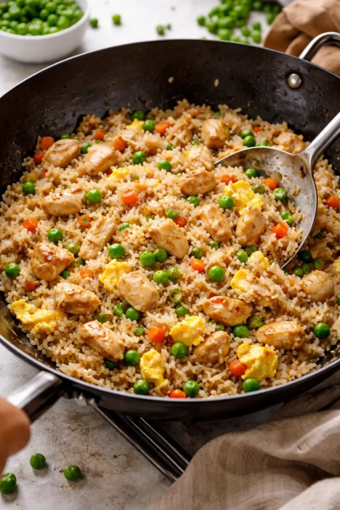 Wok with easy chicken fried rice and eggs