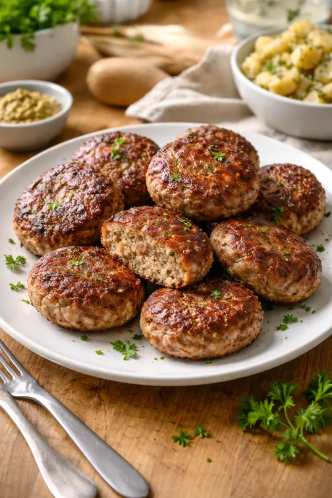 Frikadellen patties on plate with crisp edges
