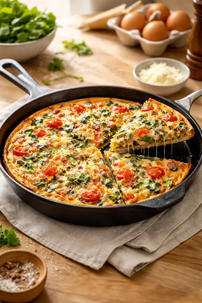 Sliced frittata wedges with vegetables and cheese on skillet