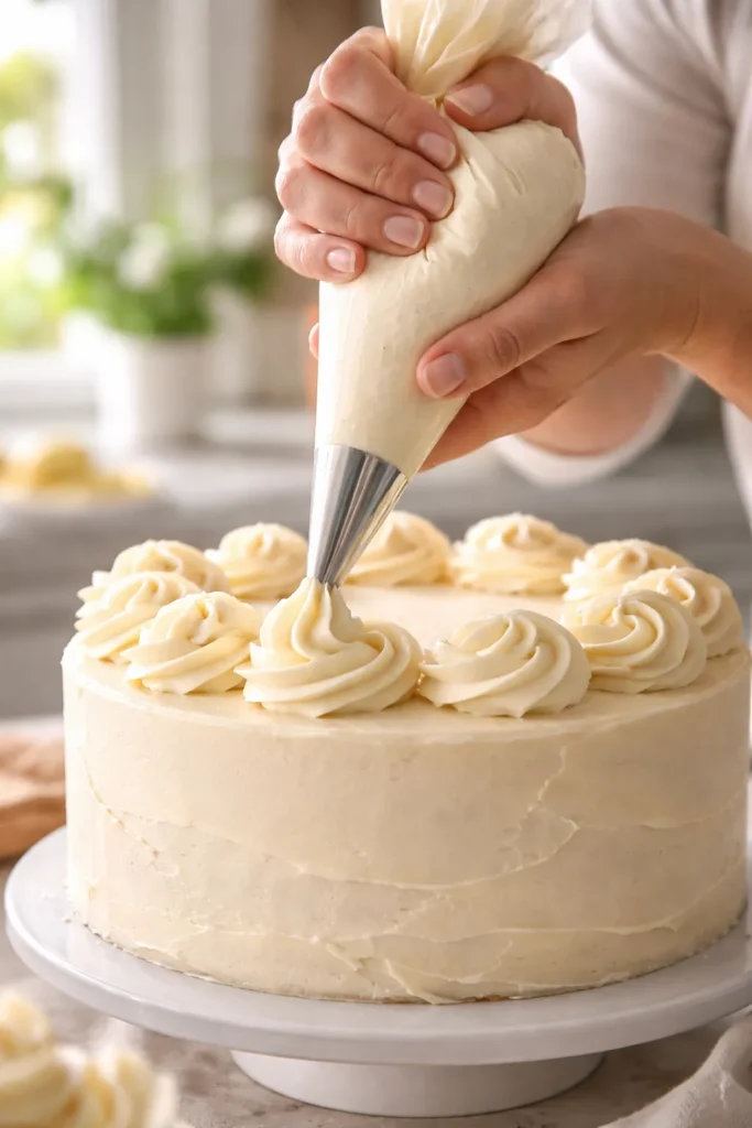 Piping frosting onto a cake in a bright kitchen demonstrating stability and technique