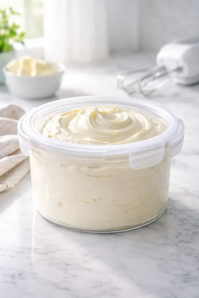 A frosting storage container on a clean countertop ready for refrigeration and later rewhipping