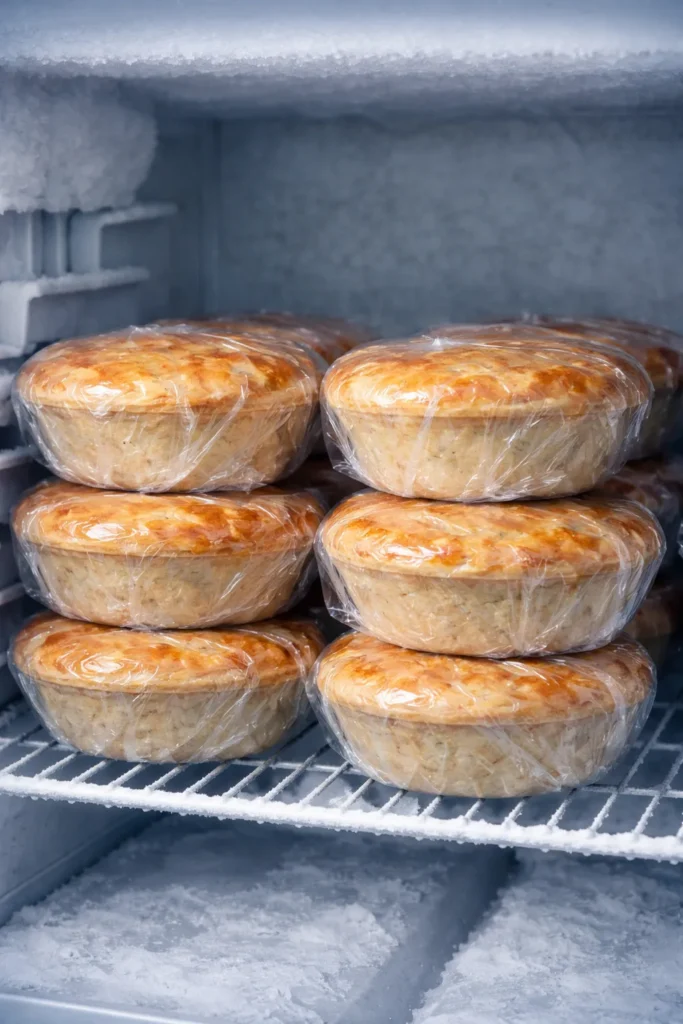 Six wrapped meat pies stored in a freezer for freezing and reheating, showing cold storage