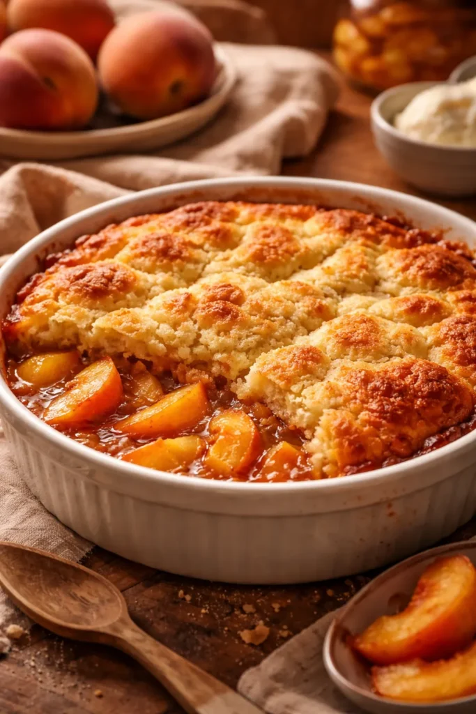 Baked peach cobbler with bubbling filling under a golden crust