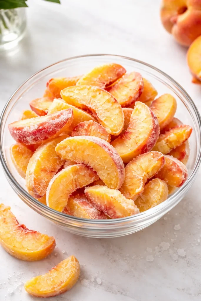 Frozen peach slices in glass bowl with ice crystals for cobbler