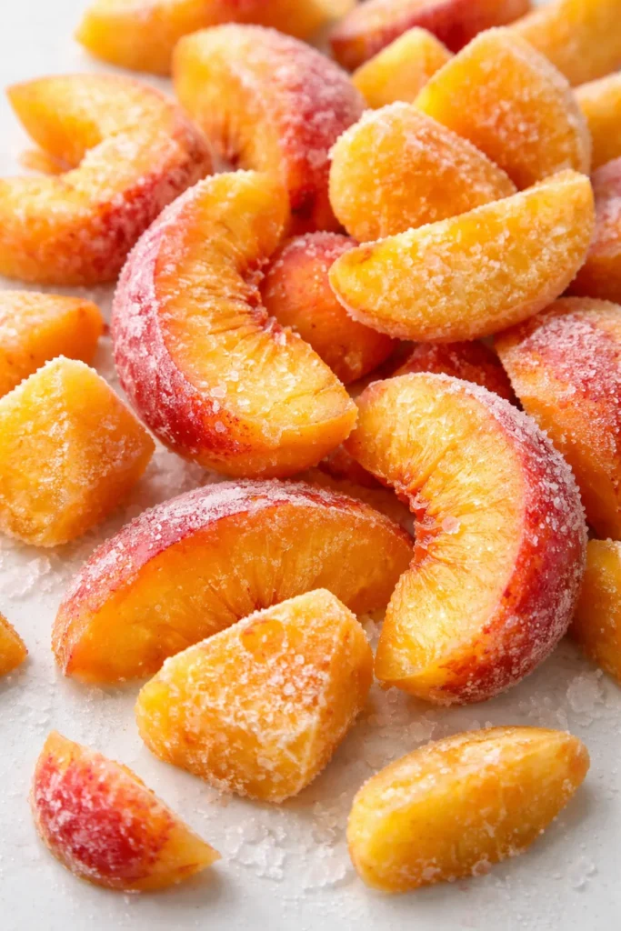 Close-up of frozen peach slices with frost on a white surface