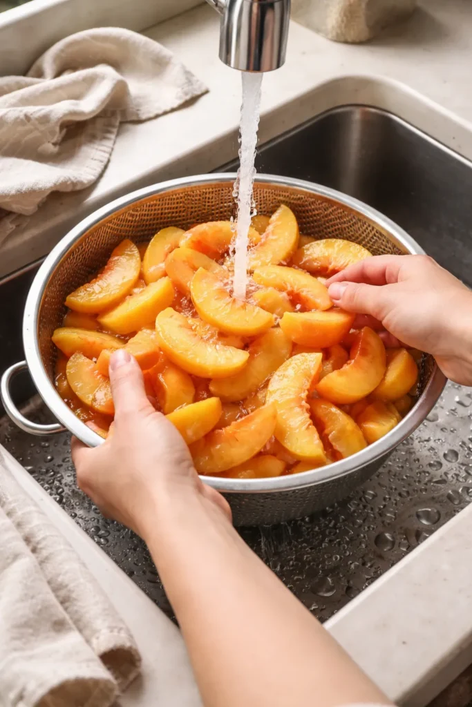 Thawed peach slices rinsed in a colander under cold water