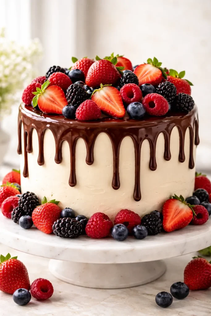 Cake with dark ganache drip and fresh fruit like strawberries and berries