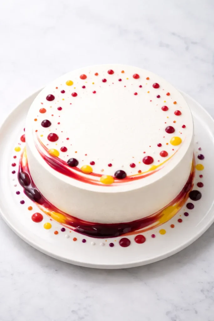Cake with tiny berry coulis dots arranged artistically around base