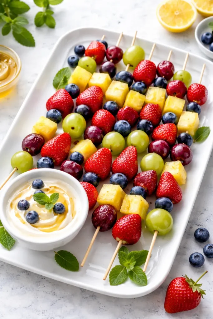 Colorful fruit skewers on a white platter with a bowl of honey yogurt dip