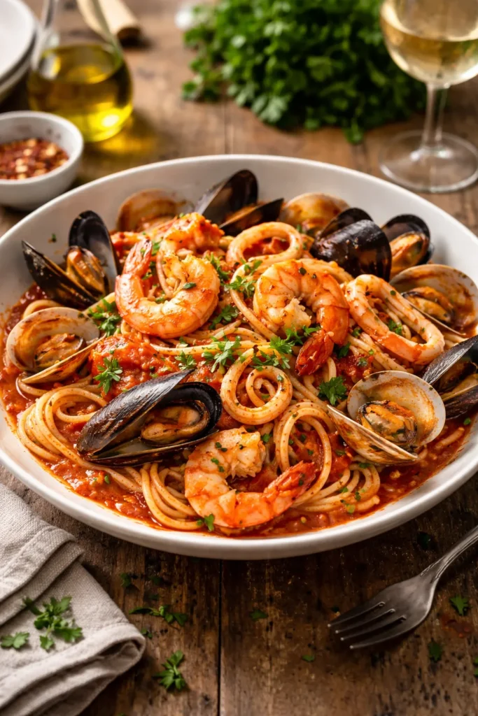 Seafood pasta Frutti di Mare with mixed shellfish and tomato sauce