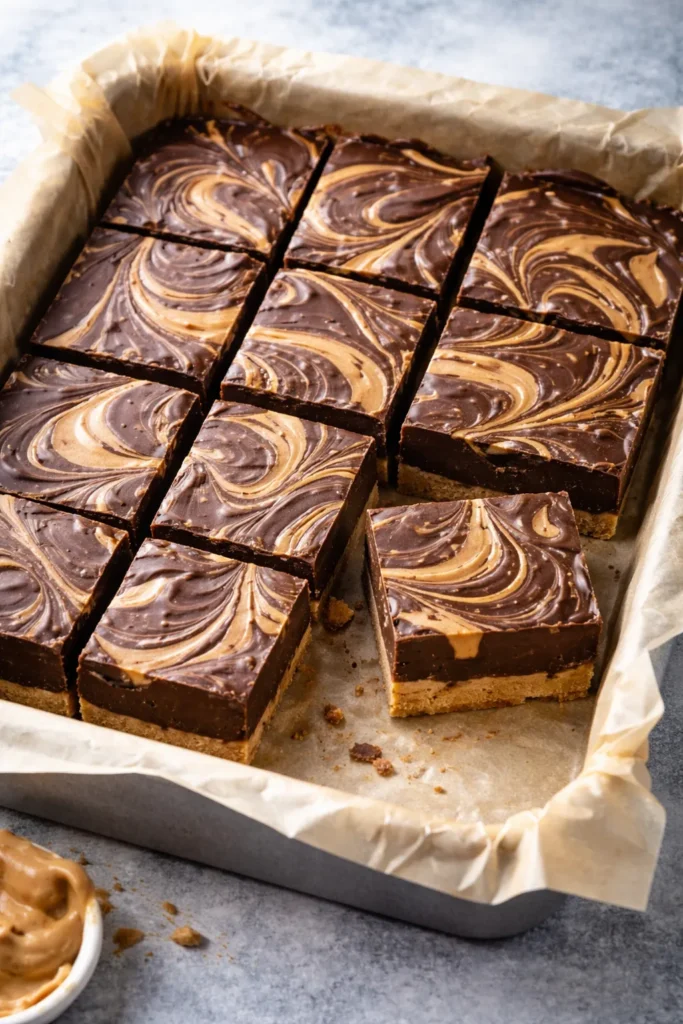 Close-up of glossy no-bake fudge squares with peanut butter and chocolate on parchment.