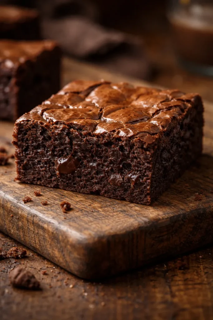 Glossy fudgy brownie square with cracked top on a wooden board.