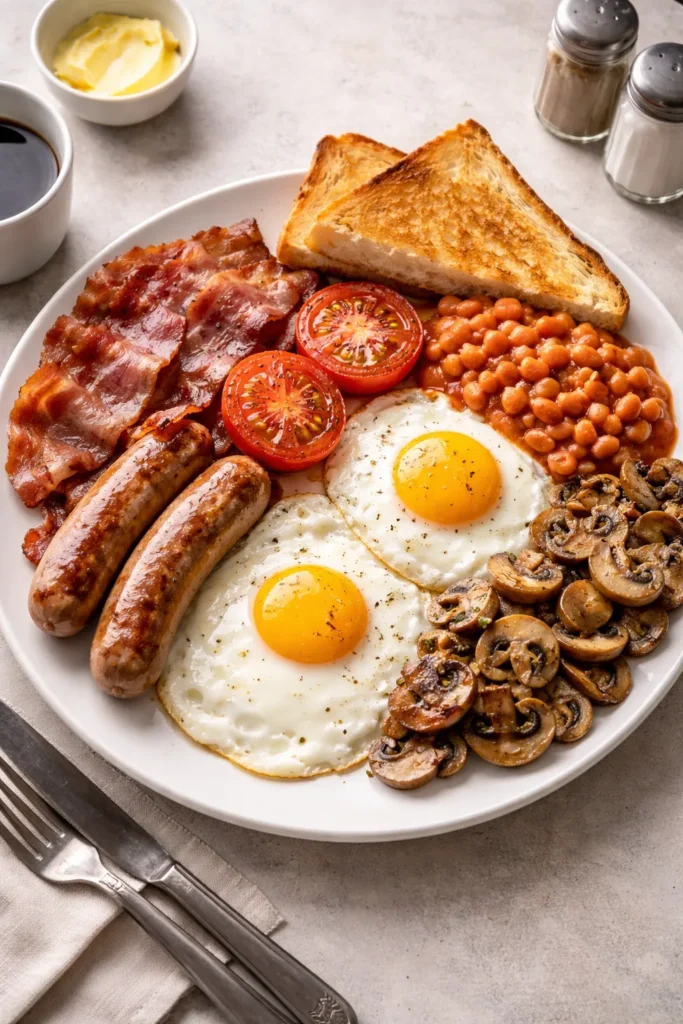 Complete Full English Breakfast on plate with eggs, sausages, bacon and beans