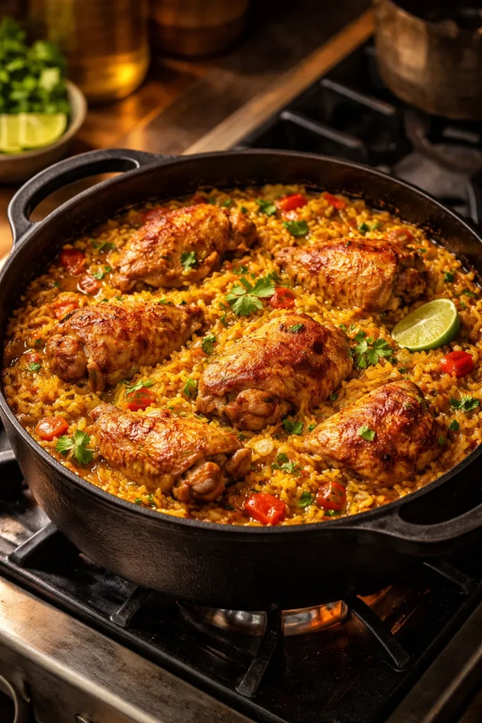 Galinhada in a pot with saffron rice and chicken thighs