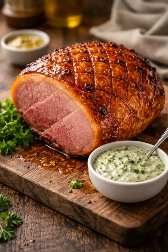 Glazed gammon with parsley sauce on a plate
