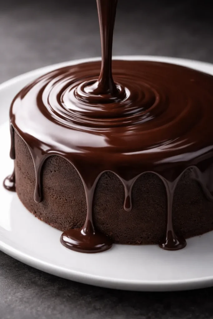 Close-up of glossy dark chocolate ganache on a white plate