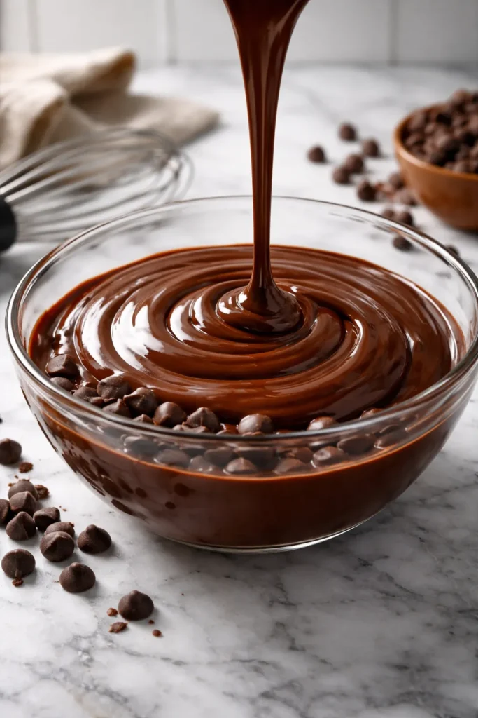 Glossy chocolate ganache poured over chips, ready to be stirred