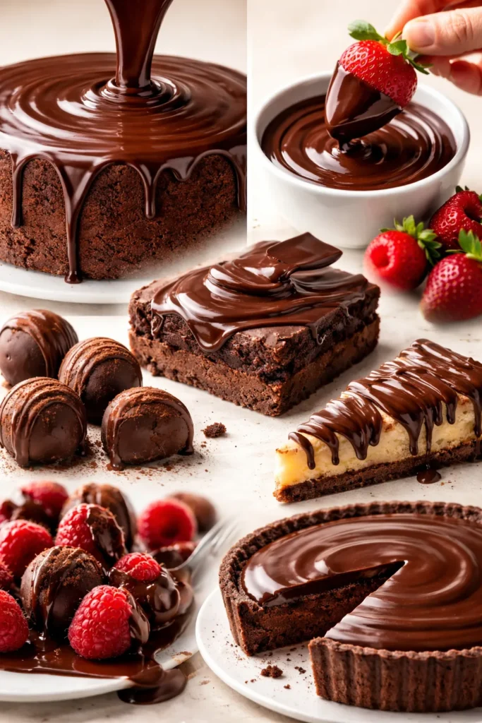 Close-up of glossy chocolate ganache pouring in a smooth ribbon against a neutral background