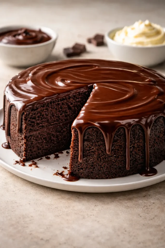 Glossy chocolate ganache on a cake