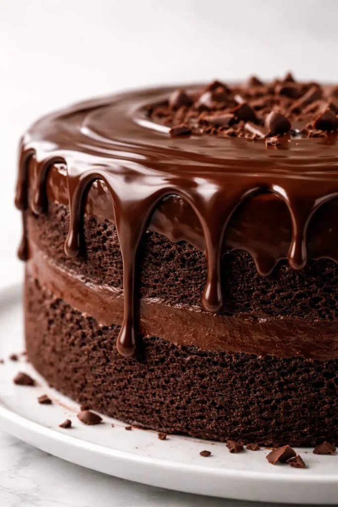 Glossy ganache glaze dripping down the cake