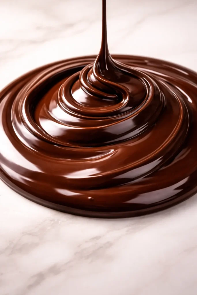 Close-up of glossy chocolate ganache pool on a white surface