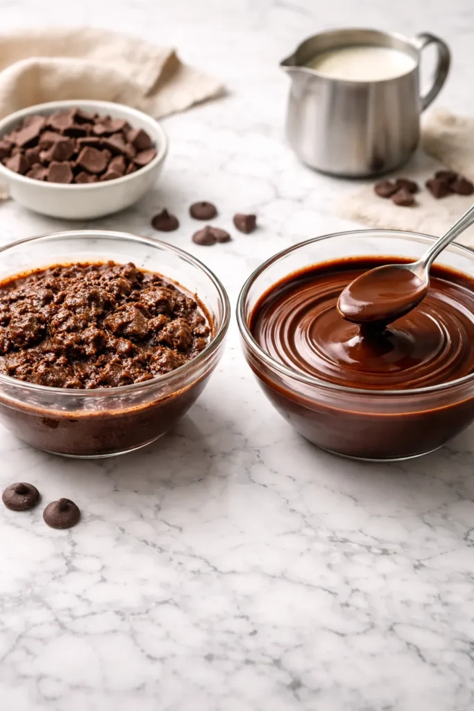 Two ganache textures: grainy seized and smooth glossy, illustrating common mistakes and fixes.