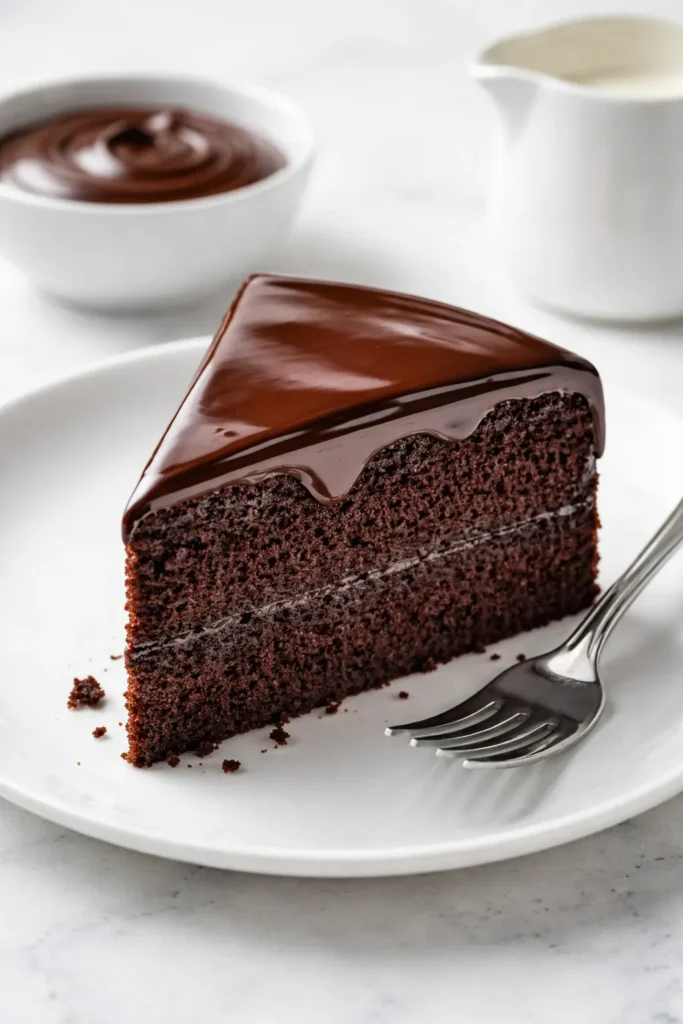 Plate with cake slice topped with glossy ganache ready to serve