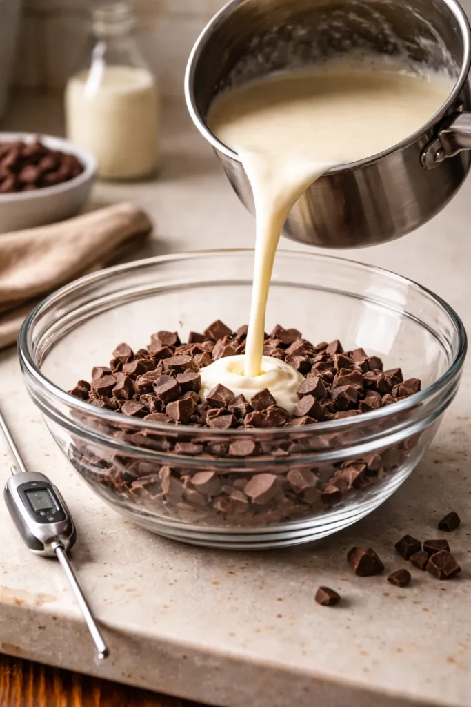 Process scene with chocolate chips and hot cream about to melt in a heatproof bowl.