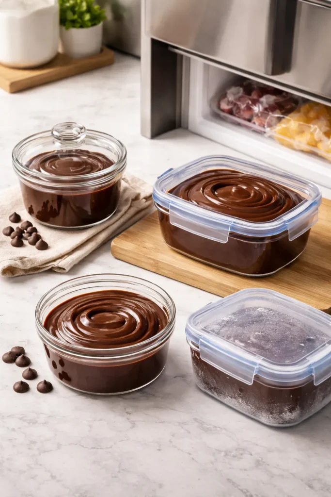 Ganache storage containers on counter suggesting room temp, fridge, and freezer options.