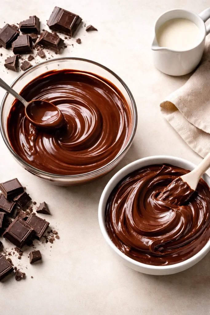 Close-up of ganache texture showing both runny and thick states in a glossy surface