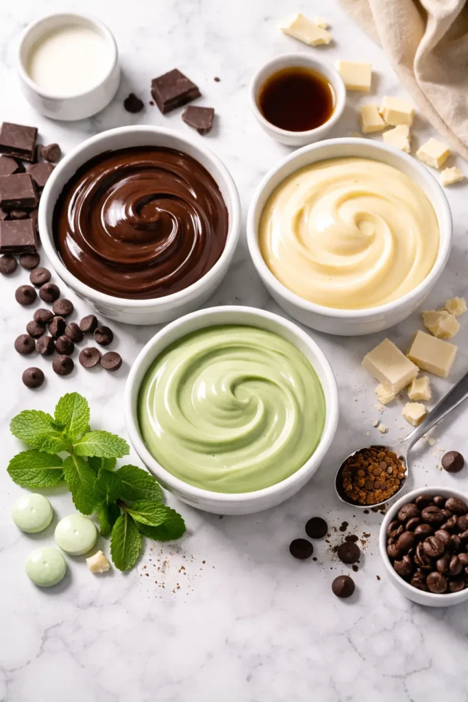Three bowls of ganache variations: dark chocolate, white chocolate, mint flavored.