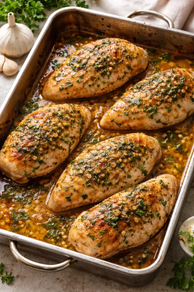 Chicken brushed with garlic butter, golden