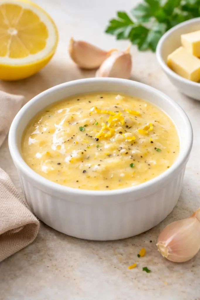 Glossy garlic butter sauce in a white ramekin