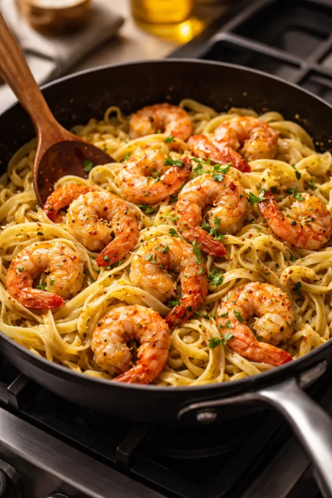 Shrimp in garlic butter sauce with egg noodles