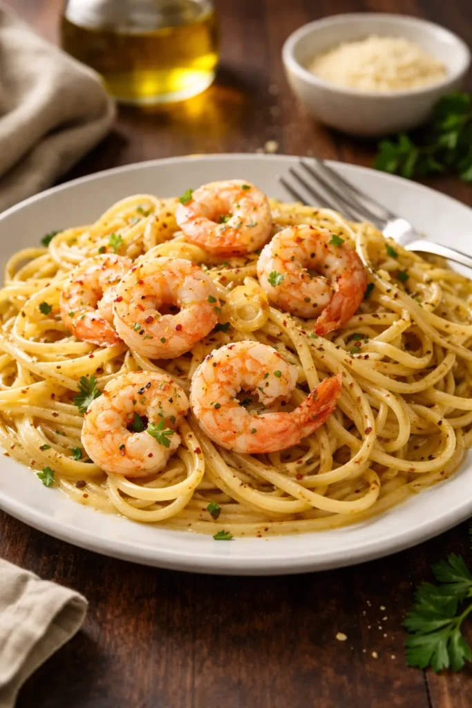 Close-up of garlic butter shrimp pasta plated on a white dish