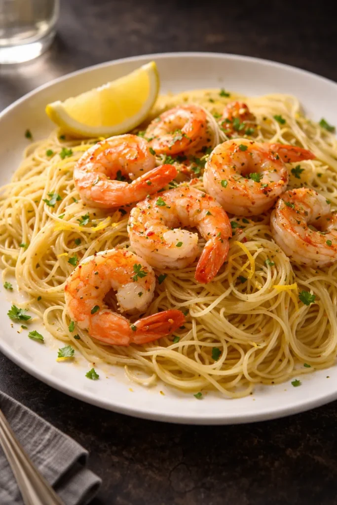 Plated garlic butter shrimp with angel hair pasta and lemon zest