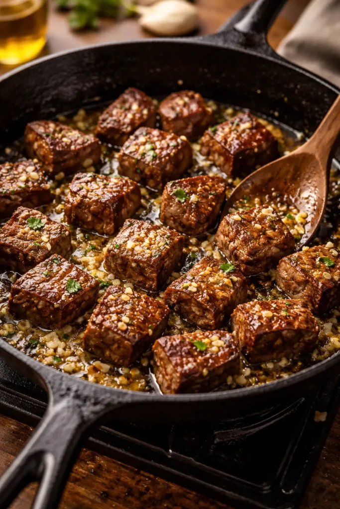 Classic garlic butter sirloin steak bites seared in a cast-iron skillet