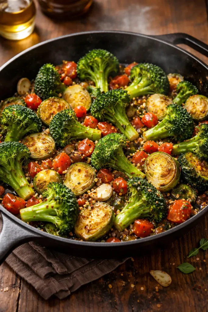 Skillet with butter, garlic, broccoli, Brussels sprouts and tomato
