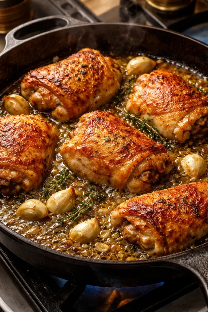 Garlic butter skillet chicken thighs browning in a hot pan with garlic and butter.