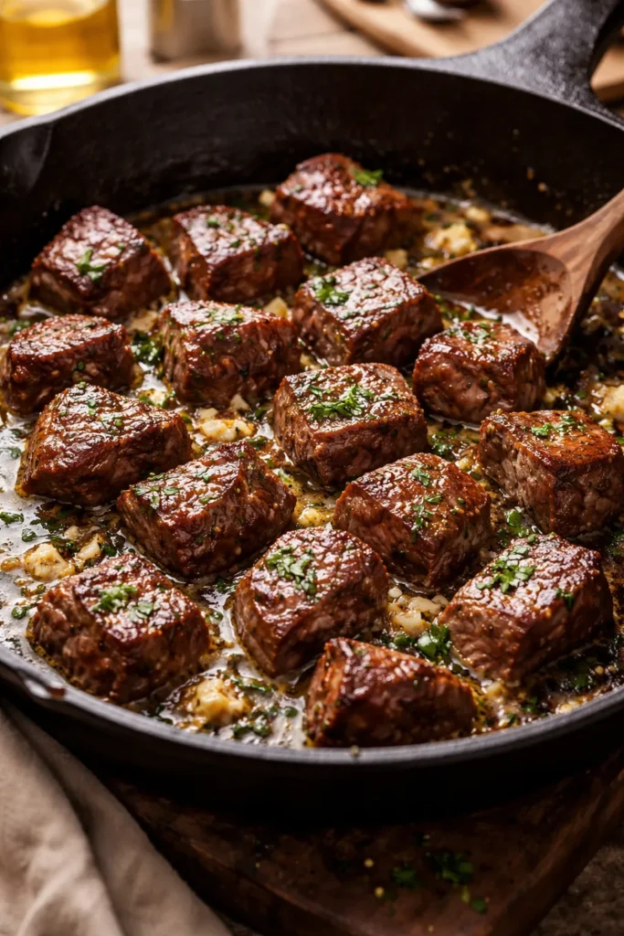 Close-up of garlic butter steak bites in a skillet
