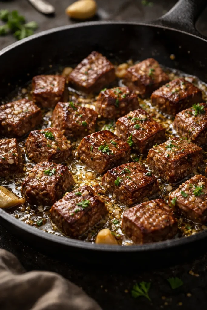 Close-up of keto garlic butter steak bites searing in a cast-iron skillet