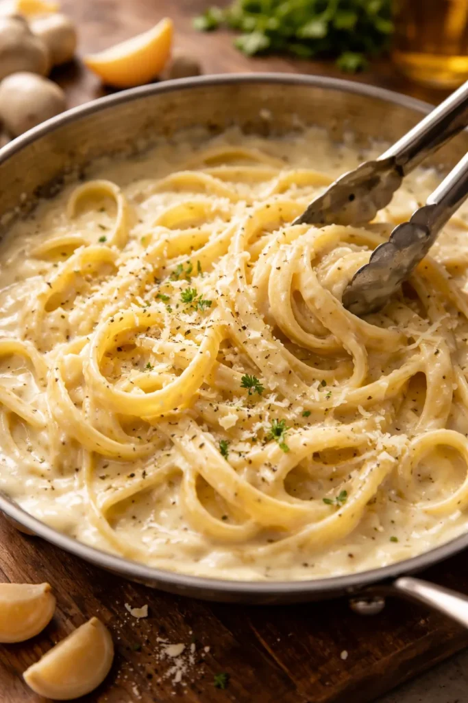 Close-up of fettuccine in garlic parmesan cream sauce