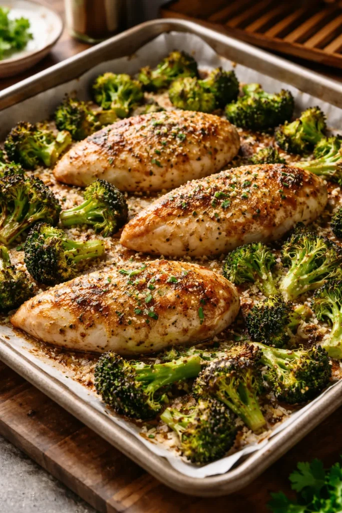 Close-up of sheet pan with garlic Parmesan chicken broccoli.