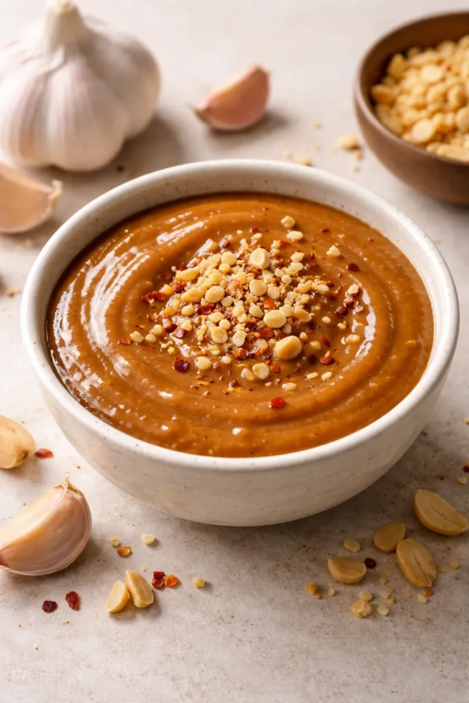Glossy garlic-forward peanut sauce in a small bowl on a neutral surface
