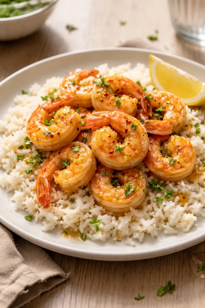 Shrimp on coconut rice with garlic butter sauce on a plate under soft light