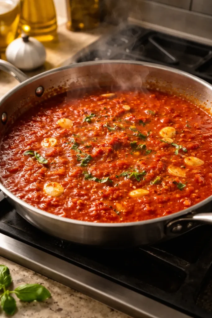 Red tomato sauce simmering in a pan with garlic slices