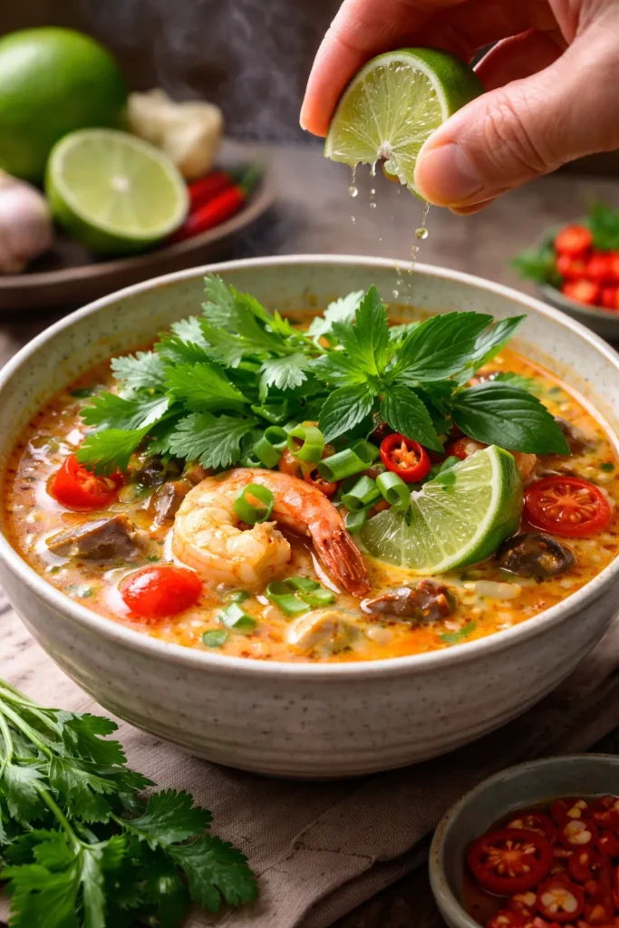 Steaming bowl of Thai soup with cilantro, basil, green onions, and lime garnish
