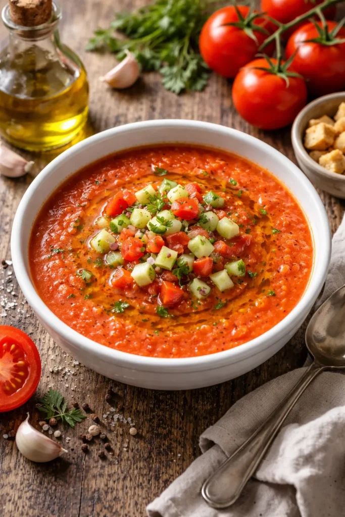 Gazpacho soup in a bowl with olive oil drizzle on rustic table