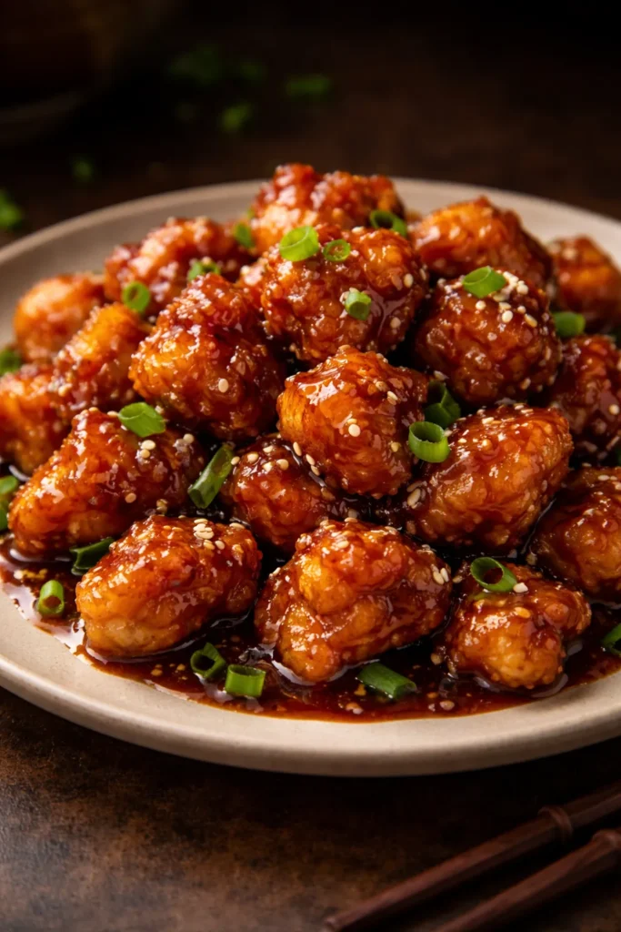 Crispy General Tso's chicken bites in glossy sauce on a plate